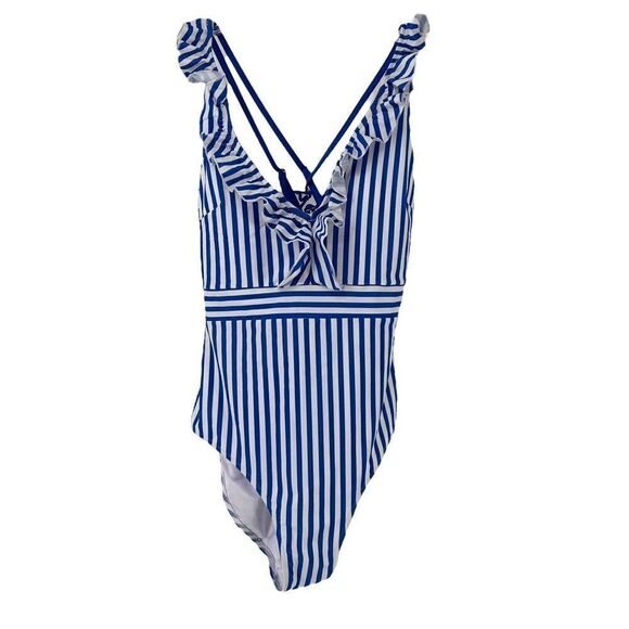 Striped Ruffle One Piece Swimsuit V Neck Blue Size L Cupshe Nautical Preppy Swim - Picture 1 of 9